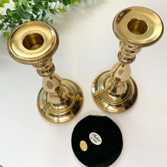Vintage Andrea by Sadek Lacquered Gold Brass Taper 8" Candle Holders Set of 2 - Picture 3 of 3